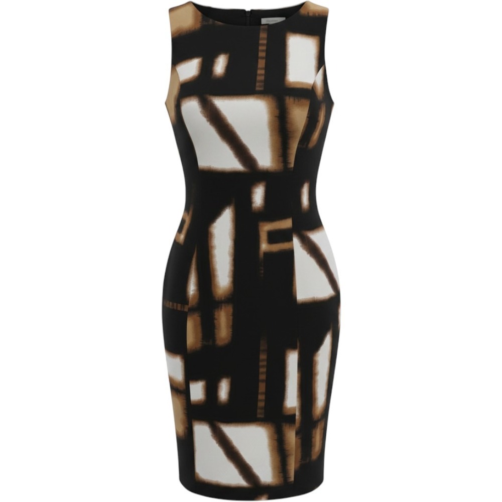 Cache Sheath Dress 8 Black Brown White Abstract Geometric Sleeveless